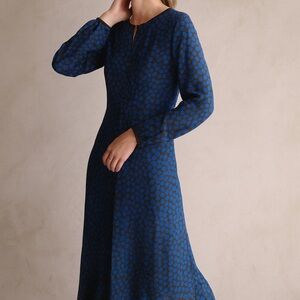 Jigsaw Black and Blue Cheetah Spot Ruched Midi Long Sleeve Dress Size 8